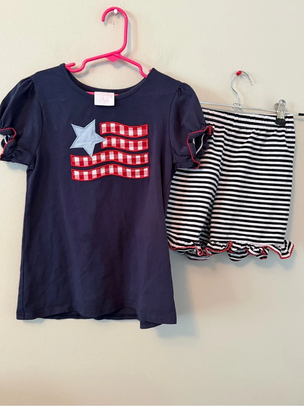 Stitchy Fish Navy Star & Stripe Set with Navy/White Striped Shorts